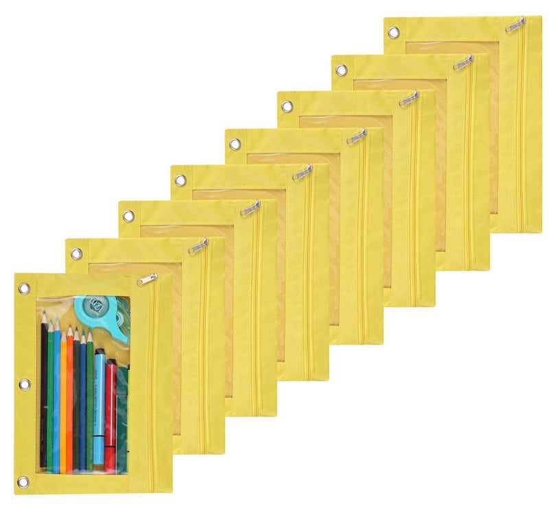 SdeFe Zippered Pen Pencil Binder Pouch 3 Rings with Clear Window for School Classroom Organizers 8 Pcs (Yellow) - Image 1